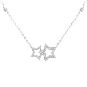925 Sterling Silver White Clear CZ Bezel-set Two Double Star Stars Pendant Necklace