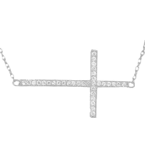 925 Sterling Silver Sideways Cross White CZ Pendant Necklace Link Chain Bracelet Set