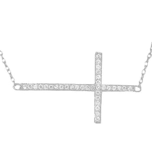 925 Sterling Silver Sideways Cross White CZ Pendant Necklace Link Chain Bracelet Set