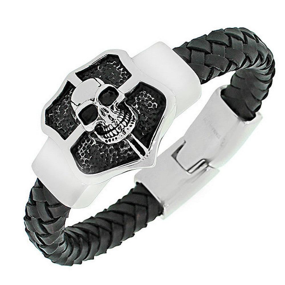 Stainless Steel Black Leather Skull Men's Bracelet