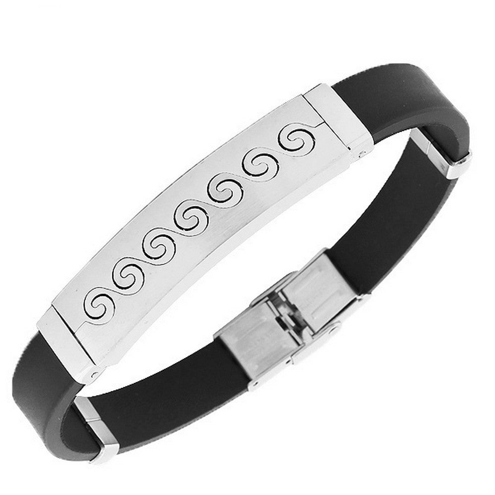 Stainless Steel Black Rubber Silicone Surfing Waves Mens Bracelet