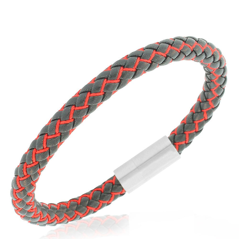 Stainless Steel Red Faux Leather Silver-Tone Mens Bracelet