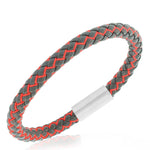 Stainless Steel Red Faux Leather Silver-Tone Mens Bracelet