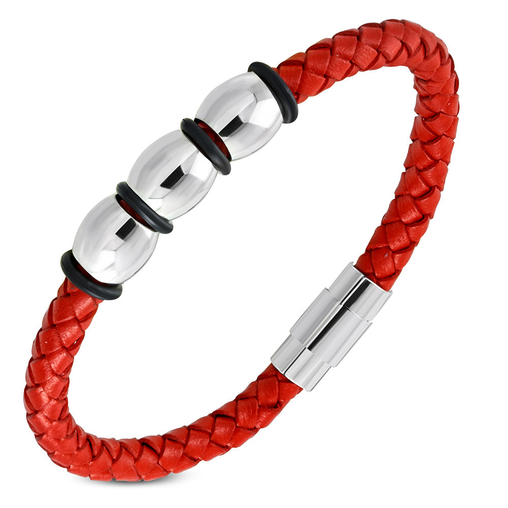 Red Leather Braided Wristband Bracelet, 8"
