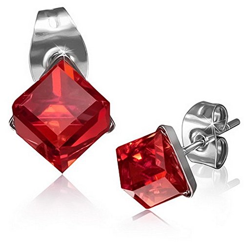 Stainless Steel Silver-Tone Square Classic Red CZ Stud Earrings