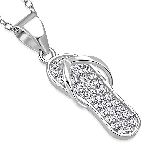 Cubic Zirconia Flip Flop Sandal Necklace Sterling Silver