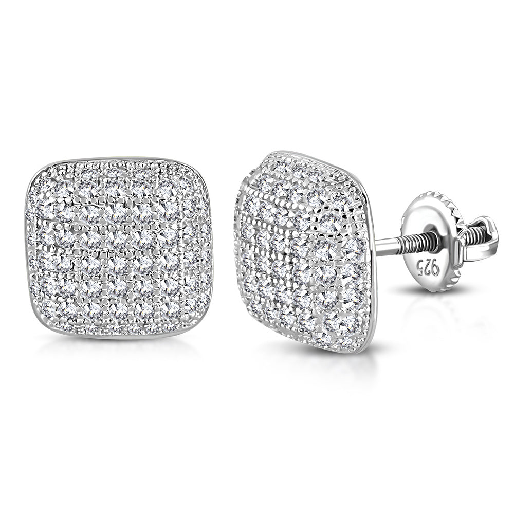 Sterling Silver Cushion Square White Clear CZ Screw-Back Stud Earrings