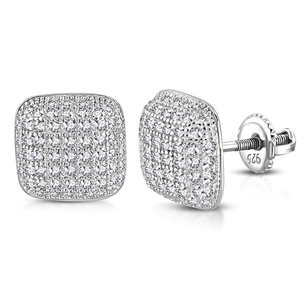 925 Sterling Silver Cushion Square White Clear CZ Screw-Back Stud Earrings