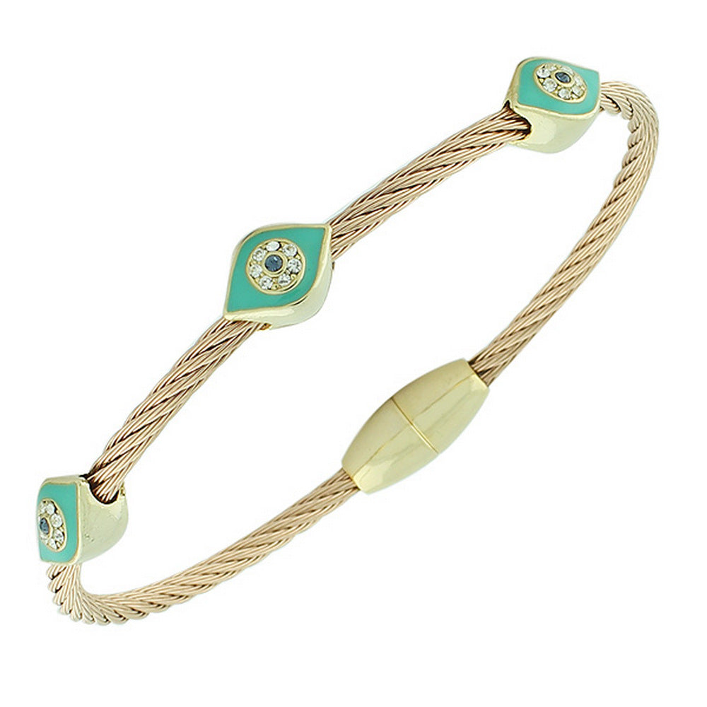 Fashion Alloy Rose Gold-Tone Blue White CZ Evil Eye Bangle Bracelet