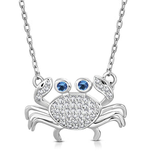 925 Sterling Silver White Clear Blue CZ Crab Pendant Necklace
