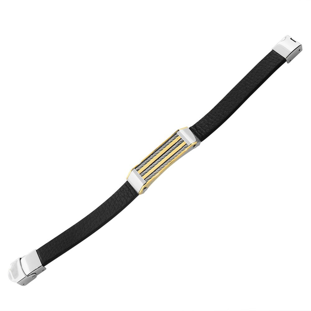 Stainless Steel Black Leather Two-Tone Twisted Cable Rope Men's Bracelet