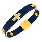 Fashion Alloy Blue Leather Yellow Gold-Tone White CZ Cross Religious Wristband Wrap Bracelet