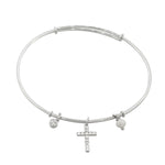 925 Sterling Silver Cross Religious Simulated Pearl CZ Bangle Bracelet