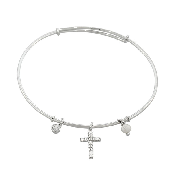 925 Sterling Silver Cross Pearl CZ Bangle