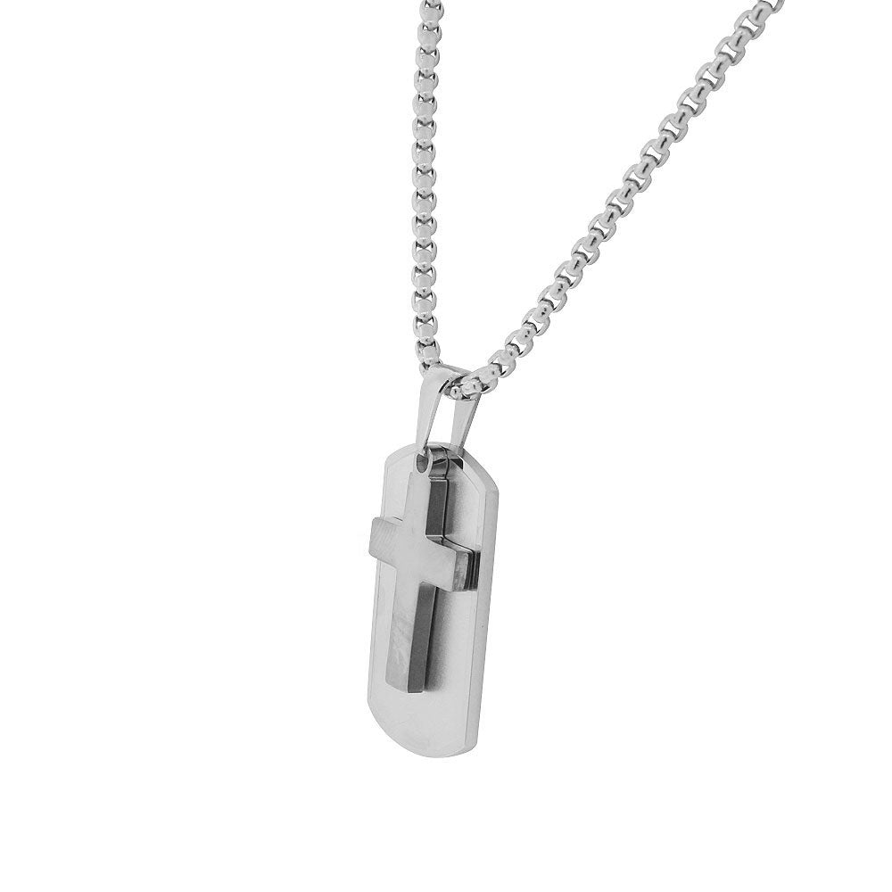 Stainless Steel Silver-Tone Dog Tag Mens Cross Religious Pendant Necklace