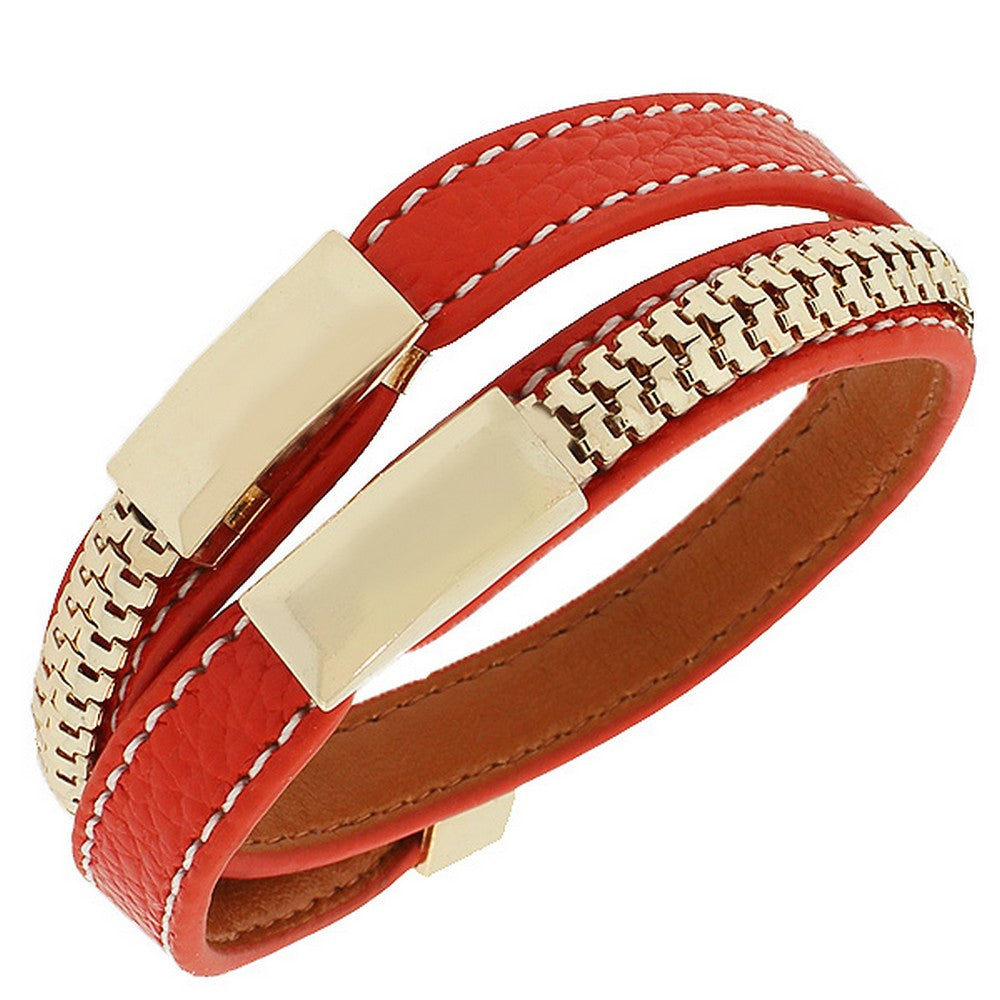 Fashion Alloy Red Faux PU Leather Rose Gold-Tone Chain Double Row Wristband Bracelet