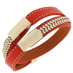 Fashion Alloy Red Faux PU Leather Rose Gold-Tone Chain Double Row Wristband Bracelet