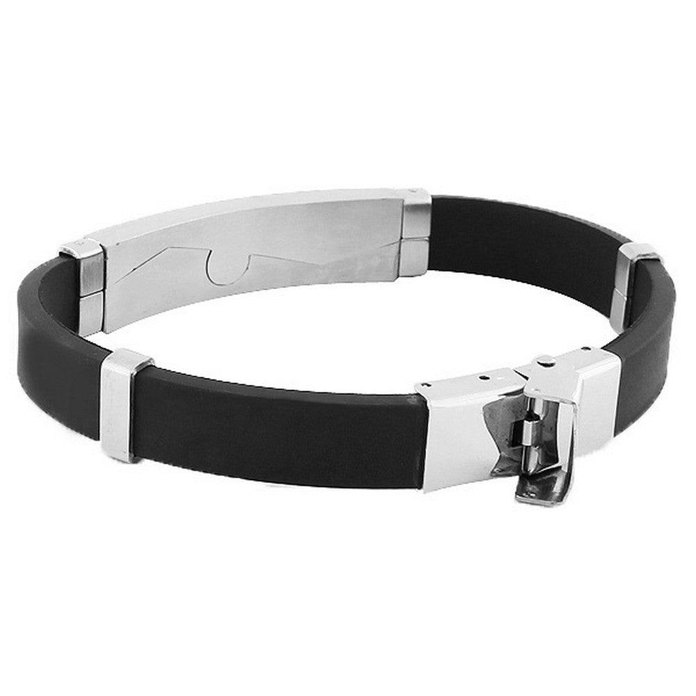 Stainless Steel Black Rubber Silicone Mens Bracelet with Clasp