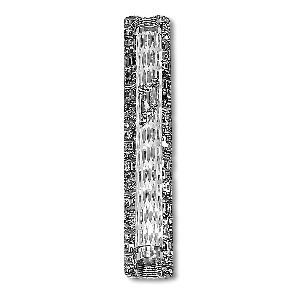 Metal Gray Silver-Tone Pattern Classic Mezuzah Case, 6.5" - Made in Israel