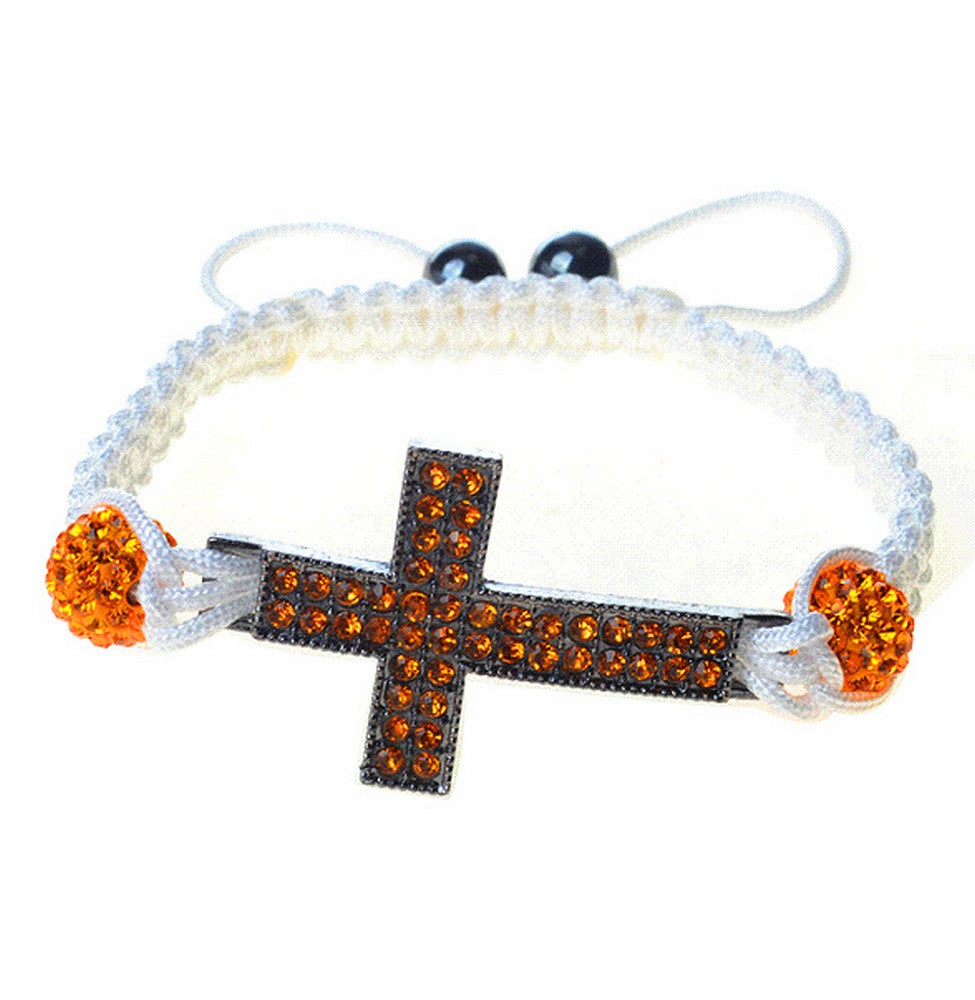 Chrome Tone Cross Orangle CZ White Cord Macrame Beaded Adjustable Bracelet