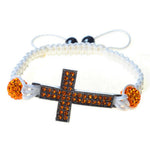 Chrome Tone Cross Orangle CZ White Cord Macrame Beaded Adjustable Bracelet