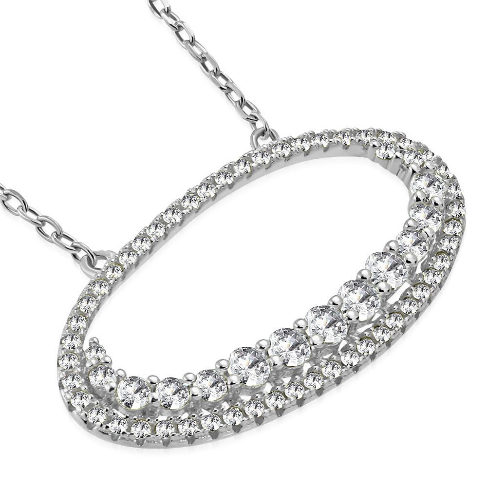 925 Sterling Silver White Clear CZ Oval Pendant Necklace, 18"