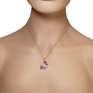 925 Sterling Silver Pink Enamel White Clear CZ Butterfly Pendant Necklace