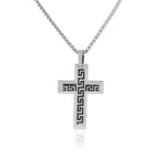 Stainless Steel Black Silver-Tone Greek Key Statement Cross Mens Necklace