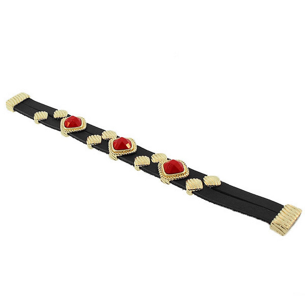 Fashion Alloy Black Faux PU Leather Yellow Gold-Tone Red Wristband Bracelet