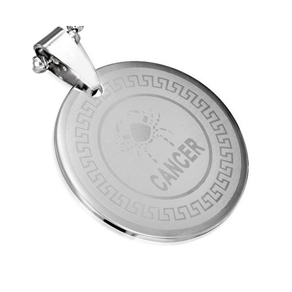 Stainless Steel Silver-Tone Greek Key Zodiac Sign Necklace Pendant - Cancer
