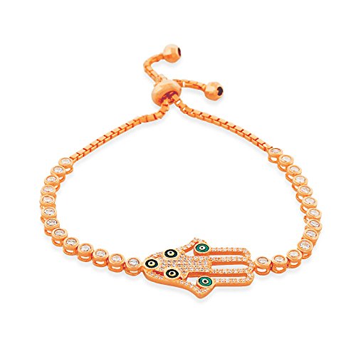 925 Sterling Silver Rose Gold-Tone White CZ Hamsa Evil Eye Womens Link Chain Bracelet