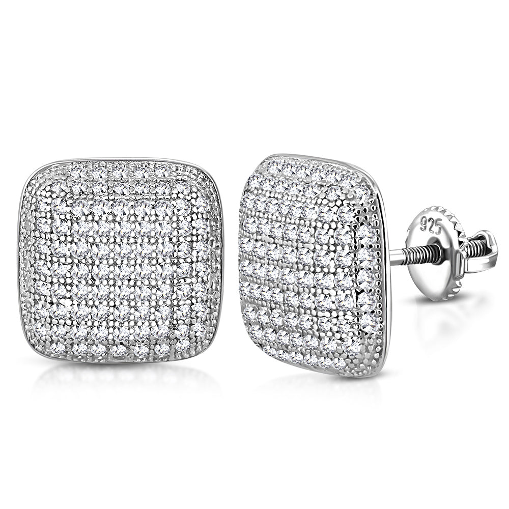 925 Sterling Silver Cushion Square White Clear CZ Screw-Back Stud Earrings