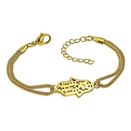 Stainless Steel Yellow Gold-Tone Hamsa Hand Protection White CZ Bracelet