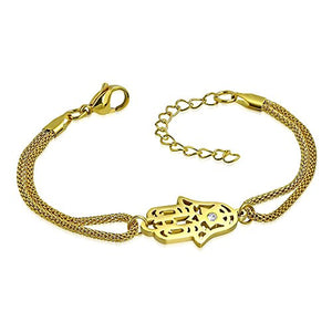Stainless Steel Yellow Gold-Tone Hamsa Hand Protection White CZ Bracelet