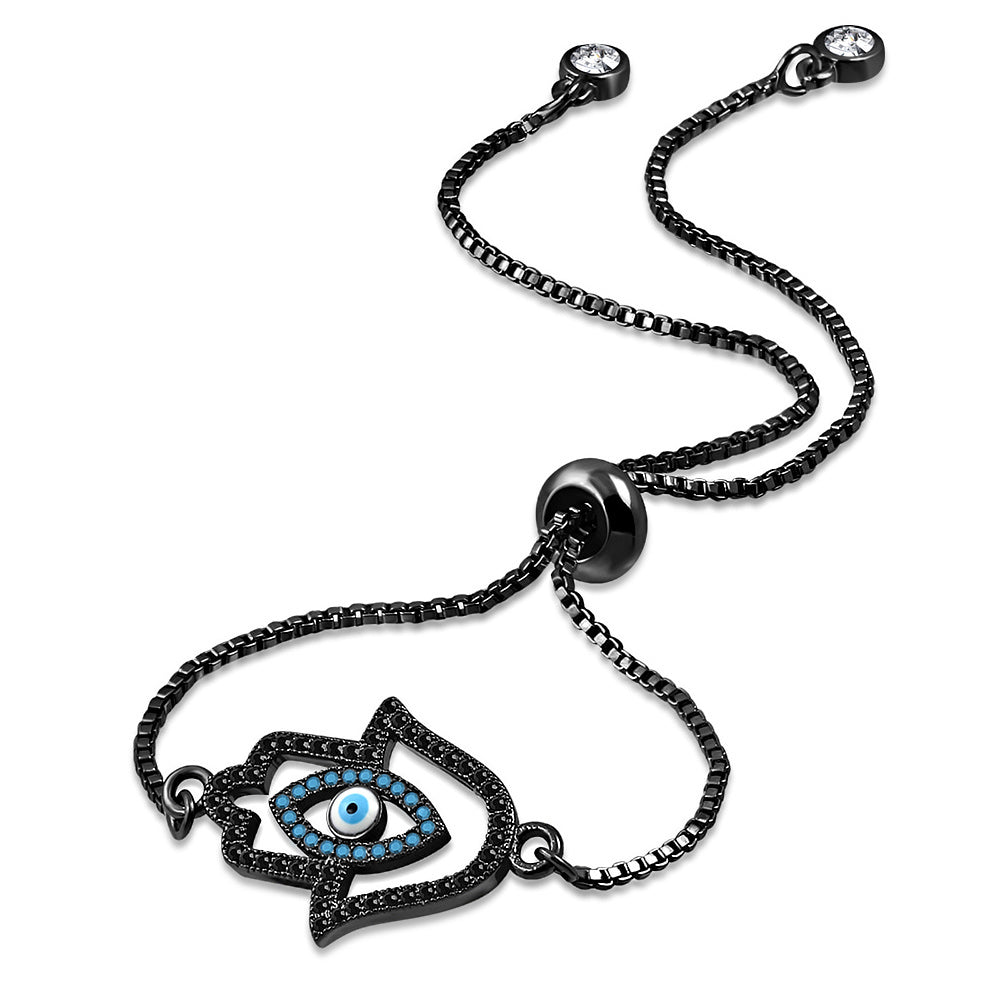 Stainless Steel Multi-Color CZ Cutout Evil Eye Hamsa Adjustable Chain Bracelet, 9.5"