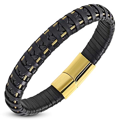 Stainless Steel Yellow Gold-Tone Black Leather Braided Wristband Mens Bracelet, 8.5"