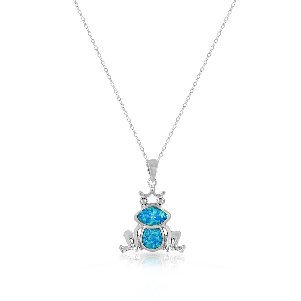 925 Sterling Silver Blue Turquoise-Tone Simulated Opal Frog Pendant Necklace