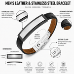 Stainless Steel Black Leather Silver-Tone Men's Bracelet