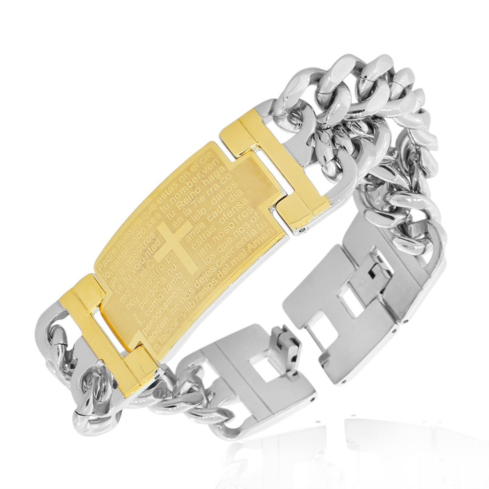 Stainless Steel Two-Tone Men's Religious Lord's Prayer Padre Nuestro Spanish Chain Bracelet