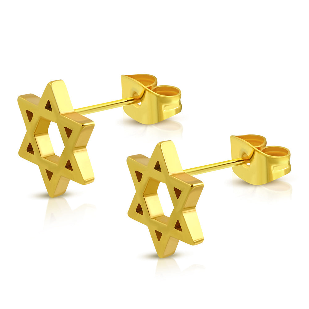 Stainless Steel Yellow Gold-Tone Jewish Star of David Stud Earrings