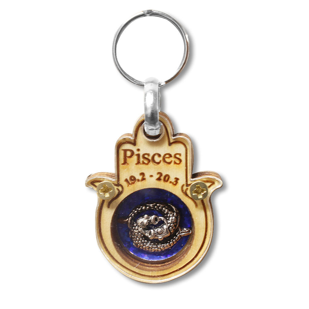 Wooden Good Luck Hamsa Hand Key Chain Keychain Zodiac Sign - Pisces - Made in Israel