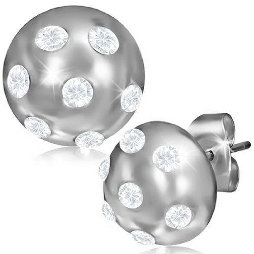 Stainless Steel Silver-Tone Round White CZ Stud Earrings