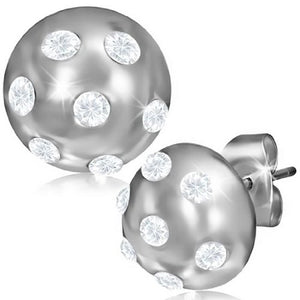 Stainless Steel Silver-Tone Round White CZ Stud Earrings