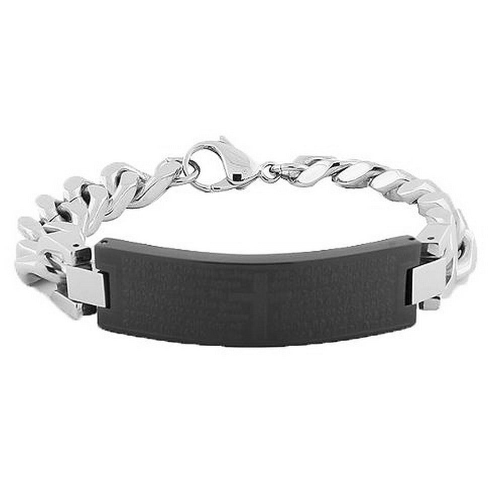 Stainless Steel Black Silver-Tone Link Chain Religious Cross Spanish Prayer Men's Bracelet