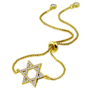 Stainless Steel Clear CZ Jewish Star of David Adjustable Chain Bracelet