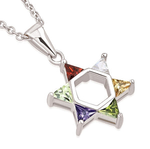 925 Sterling Silver Yellow Gold-Tone Jewish Star of David Multicolor CZ Pendant Necklace