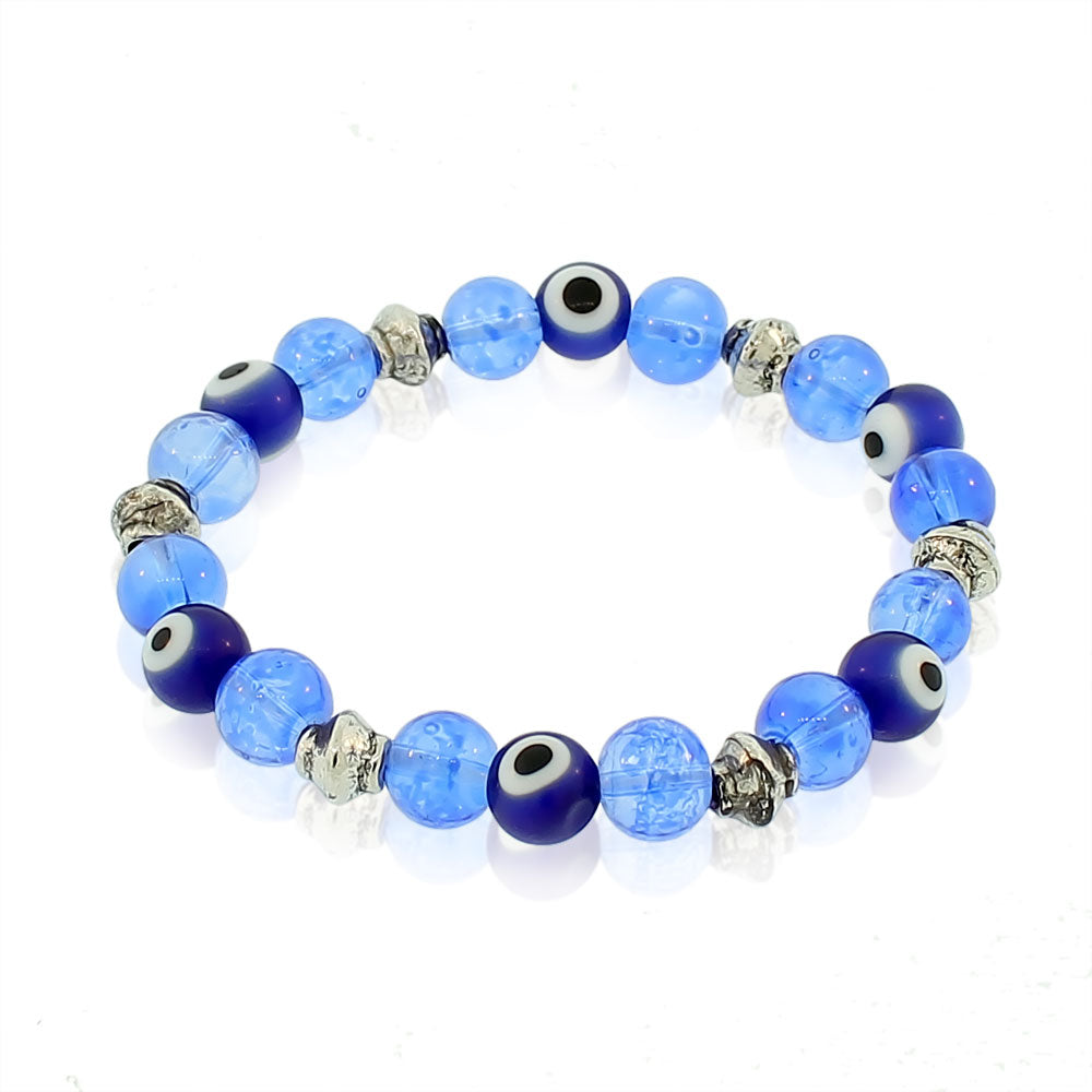 Glass Beaded Dark Light Blue Evil Eye Protection Stretch Bangle Bracelet