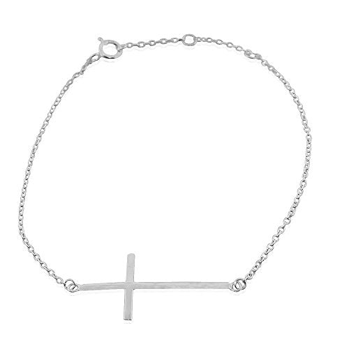 Sterling Silver Yellow Gold-Tone Sideways Religious Cross Link Chain Bracelet