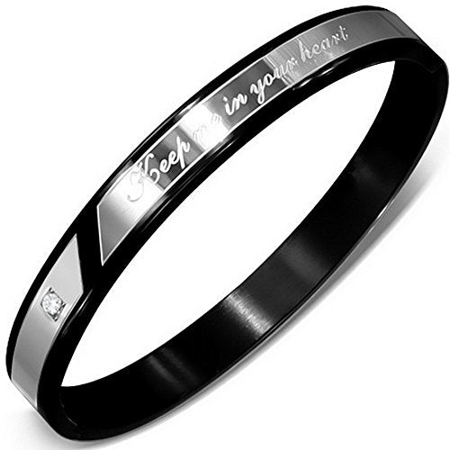 Stainless Steel Black Silver-Tone Engraving Keep Me in Your Heart Unisex Bangle Bracelet