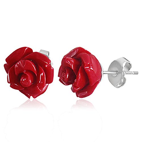 Stainless Steel Polymer Clay White Shiny Rose Flower Floral Stud Earrings